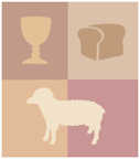 illustration of wine glass, bread, and sheep